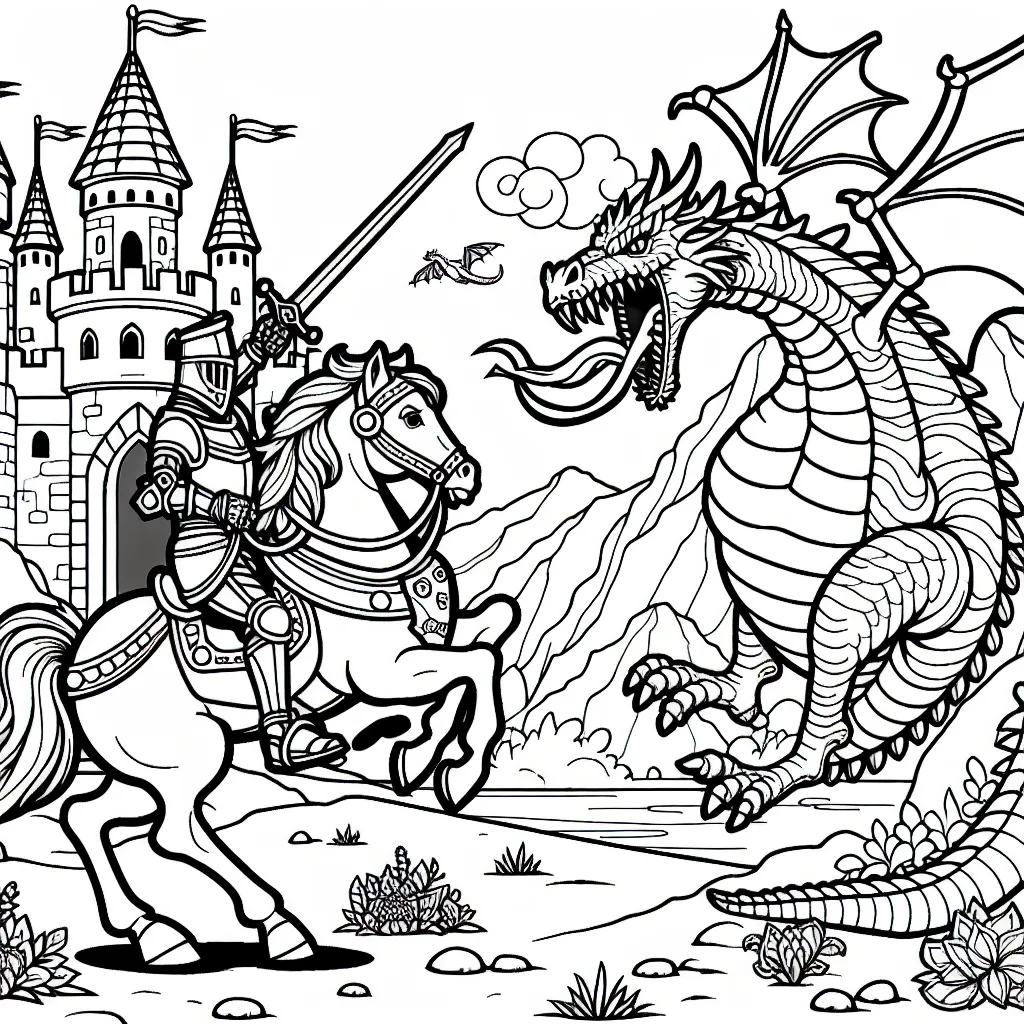 Dans un univers fantastique, un brave chevalier équipé de son armure luisante et son fidèle destrier se préparent à affronter un dragon cracheur de flammes. À côté, un magnifique château médiéval attend le retour victorieux du chevalier.