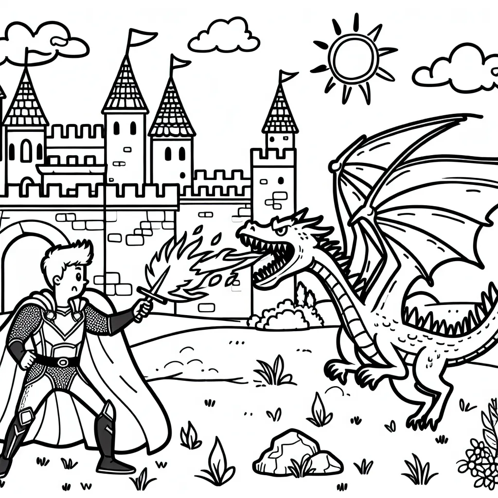 Dessine un super héros défendant une forteresse médiévale contre un dragon cracheur de feu, par une belle journée ensoleillée.