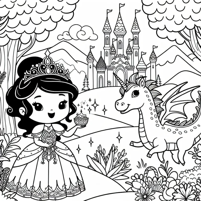 Un royaume enchanté avec une princesse joyeuse, un dragon amical et une licorne scintillante dans une forêt magique