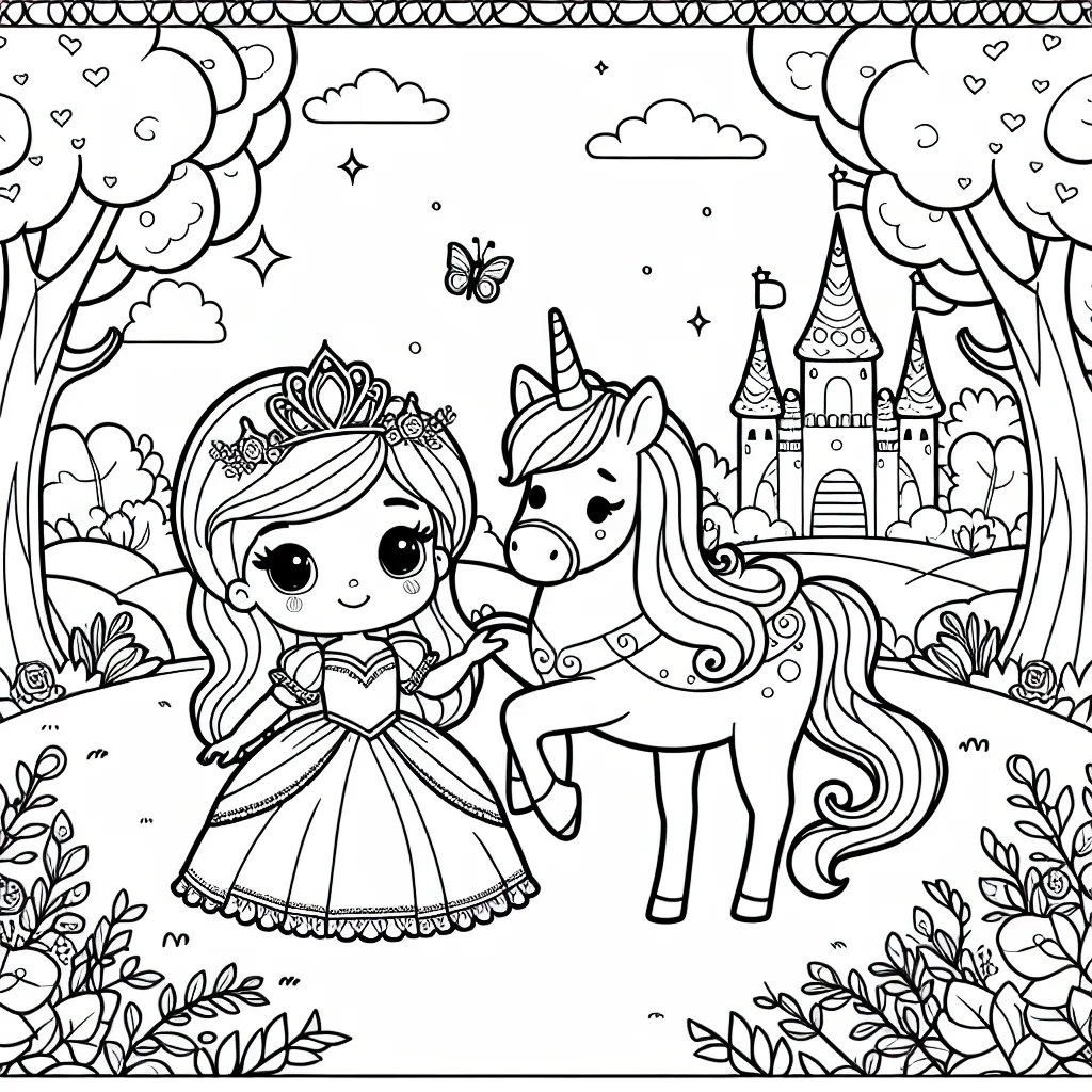 La princesse Maeva avec sa licorne magique dans un jardin enchanteur