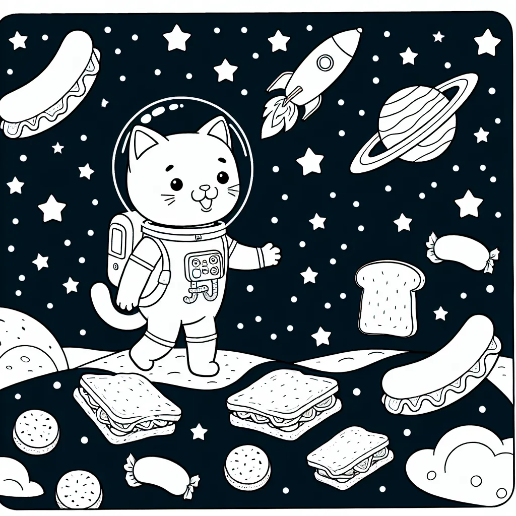 Un chat costumé en astronaute explorant une planète remplie de saucisses et de tartines de confiture.