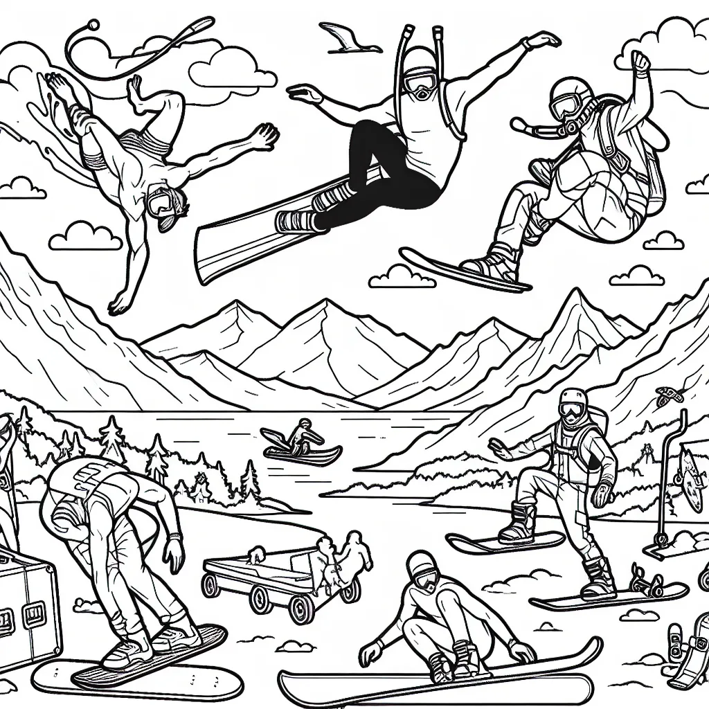 Une scène riche en action avec des sportifs extrêmes plongeant, surfant, faisant du snowboard et du skateboard au milieu de montagnes, d'océans et de rampes de skate.