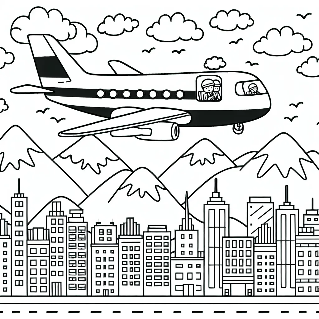 Dessine un avion survolant une ville animée avec des montagnes en arrière-plan. Assure-toi d'ajouter des détails comme les pilotes à l'intérieur du cockpit, des nuages dans le ciel et des bâtiments variés dans la ville.