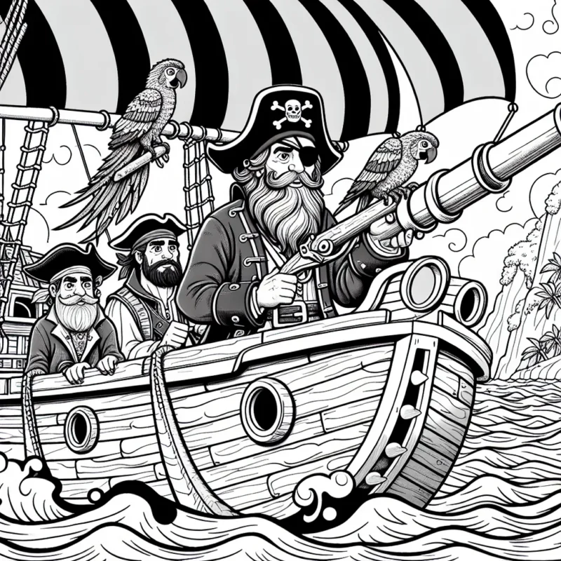 Dans cette scène passionnante, un groupe de courageux pirates navigue dans les eaux troubles à la recherche du trésor perdu de l'île aux Serpents. Le capitaine, un pirate valeureux avec une barbe grise, tient fermement le gouvernail de leur grand navire rouge et noir. Ses compagnons, un pirate à la jambe de bois et un autre avec un bandeau sur l'œil, surveillent le paysage avec leurs longues-vues. Voyez-vous le perroquet multicolore du capitaine sur son épaule ? Continuez l'histoire en apportant de la couleur à cette aventure!