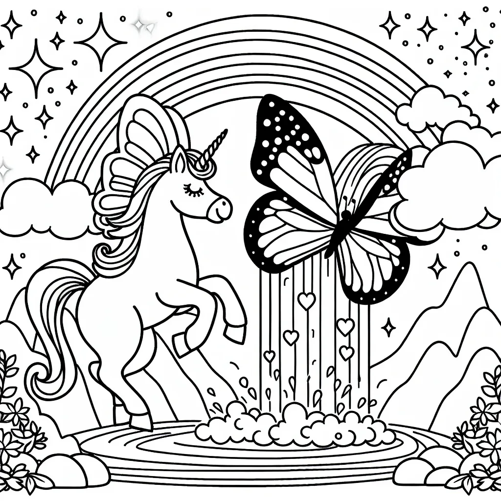 Dessine une licorne majestueuse avec des ailes de papillon géant sortant d'une cascade étincelante sous un arc-en-ciel lumineux.