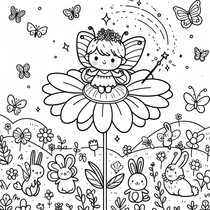 Sur la page de coloriage, tu trouveras une adorable petite fée aux ailes de papillon assise sur une fleur géante. Le paysage regorge de petites créatures adorables, y compris des papillons, des lapins, et des oiseaux bleus. La fée tient une baguette magique qui émet des paillettes.