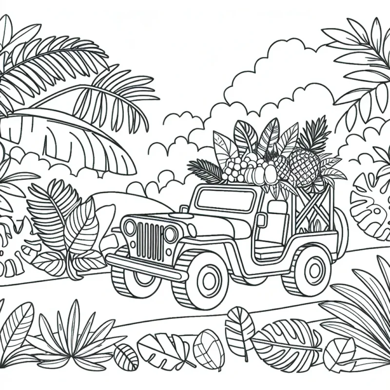 Un jeep détaillé surmonté de feuilles et de fruits tropicaux, traversant une jungle mystérieuse.