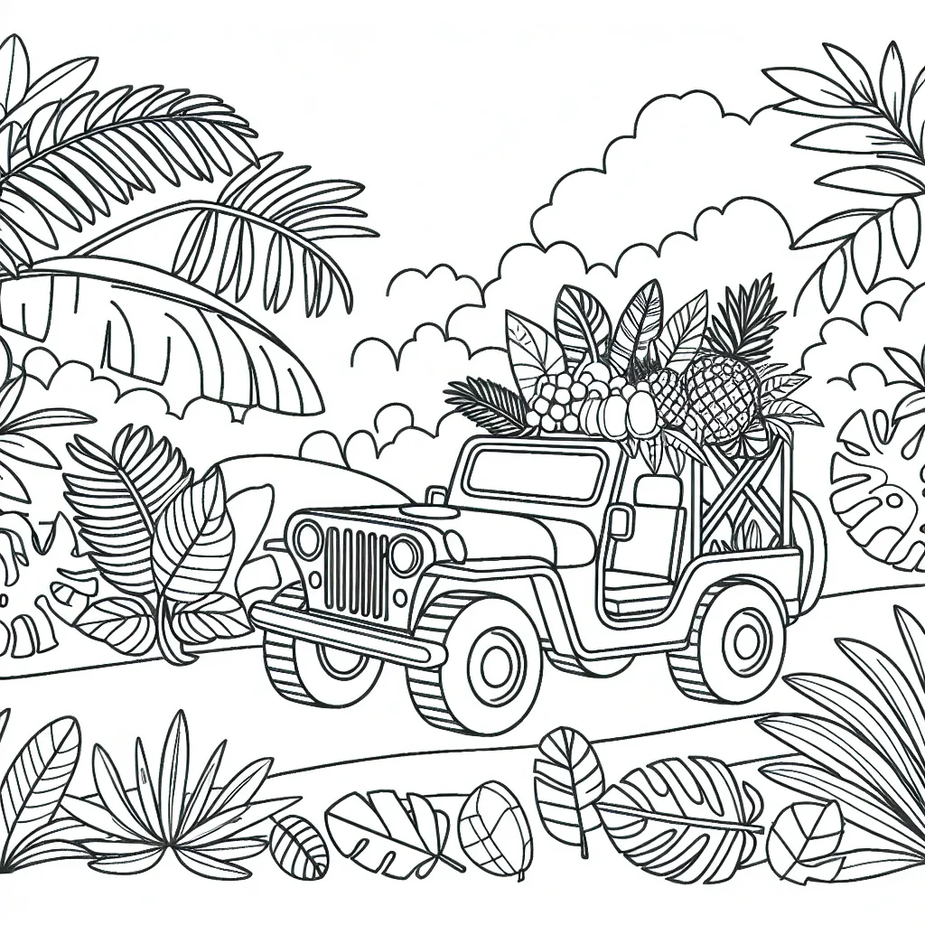 Un jeep détaillé surmonté de feuilles et de fruits tropicaux, traversant une jungle mystérieuse.