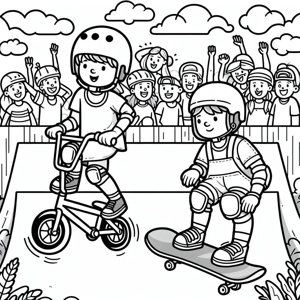 Dessinez deux personnages en train de faire du skateboard et du BMX dans un parc dédié aux sports extrêmes, tout en portant des équipements de protection tels que des casques et des genouillères. Il y a aussi un public enthousiaste en arrière-plan, qui encourage les sportifs.