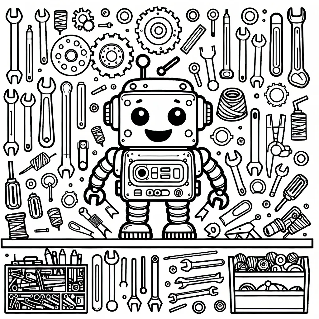 Un joyeux petit robot dans son atelier de bricolage rempli d'outils et de pièces