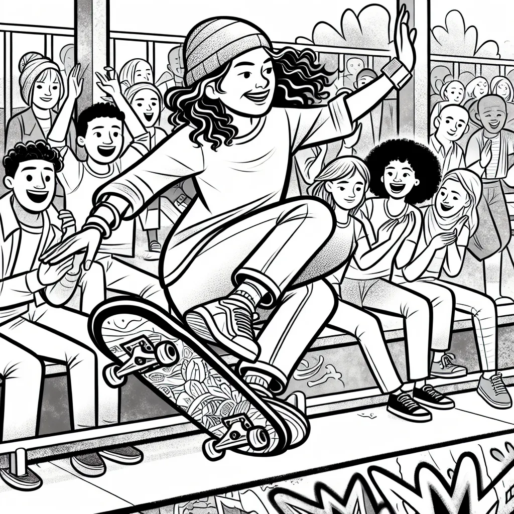 Dessine un skateboarder exécutant un trick audacieux dans un skateboard park plein de graffitis colorés, avec des spectateurs excités en arrière-plan applaudissant.