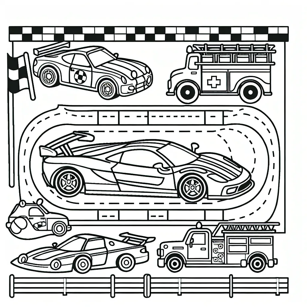 Un circuit de voitures avec différents types de voitures dessinées (voiture de course, voiture de police, voiture de pompier, voiture familiale, etc.)