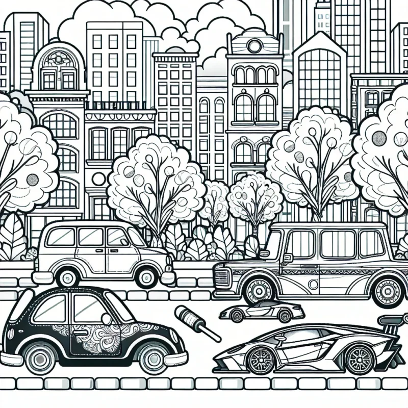 Dessine et colore un paysage urbain bordé de jolis arbres, avec plusieurs voitures différentes au milieu de l'action. Il y a des voitures anciennes et modernes, et même une voiture de course super rapide !