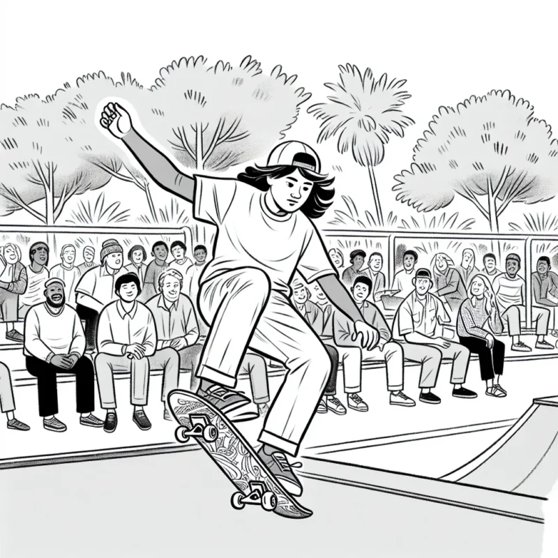 Dessine une scène passionnante montrant un skater professionnel effectuant un saut incroyable sur une rampe dans un skatepark, en arrière-plan des spectateurs étonnés.