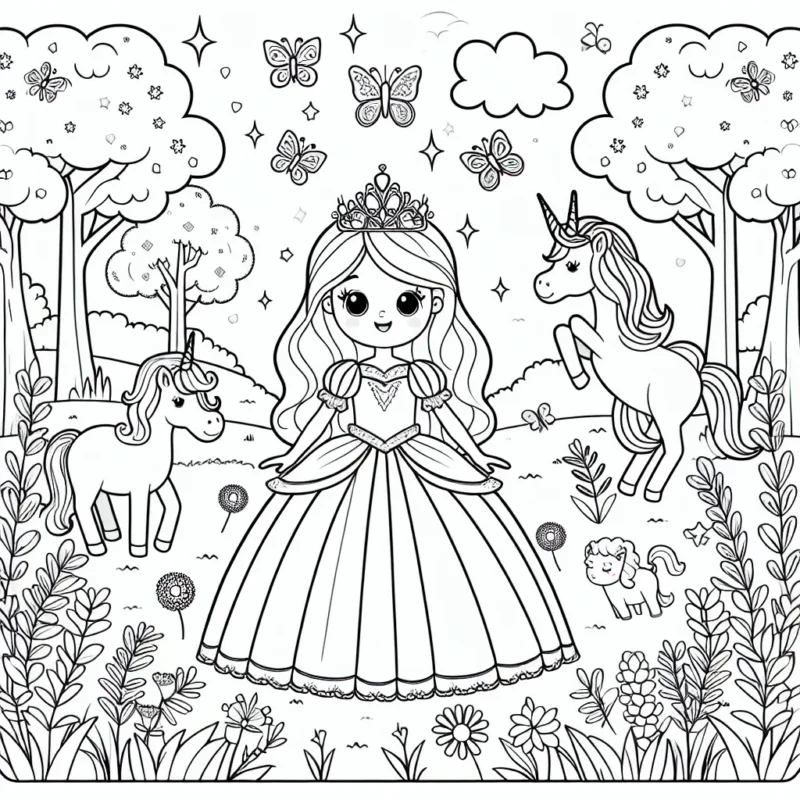 Une princesse dans un jardin enchanté peuplé de licornes et de papillons magiques