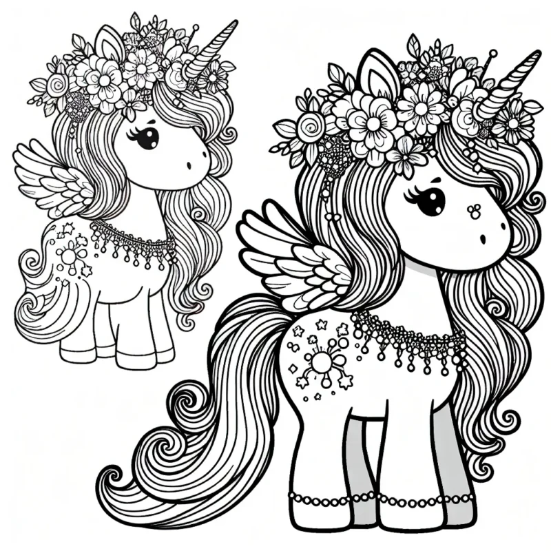 Une jolie licorne avec une grande crinière multicolore se prépare pour le festival des fleurs du royaume magique. Elle porte une couronne de fleurs, un collier de perles étincelantes et des ailes scintillantes.