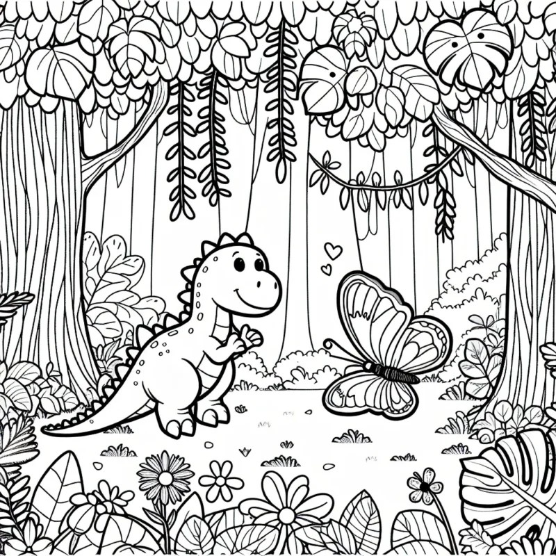 Imagine et dessine une scène où un petit dinosaure et un papillon jouent hide and seek dans une forêt tropicale magique.