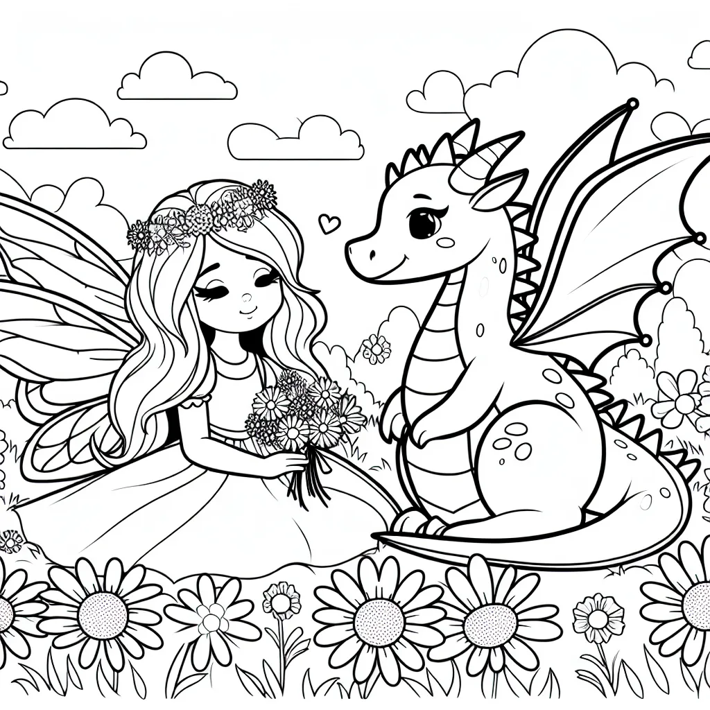 Dessine une princesse fée avec son dragon de compagnie dans un champ de fleurs