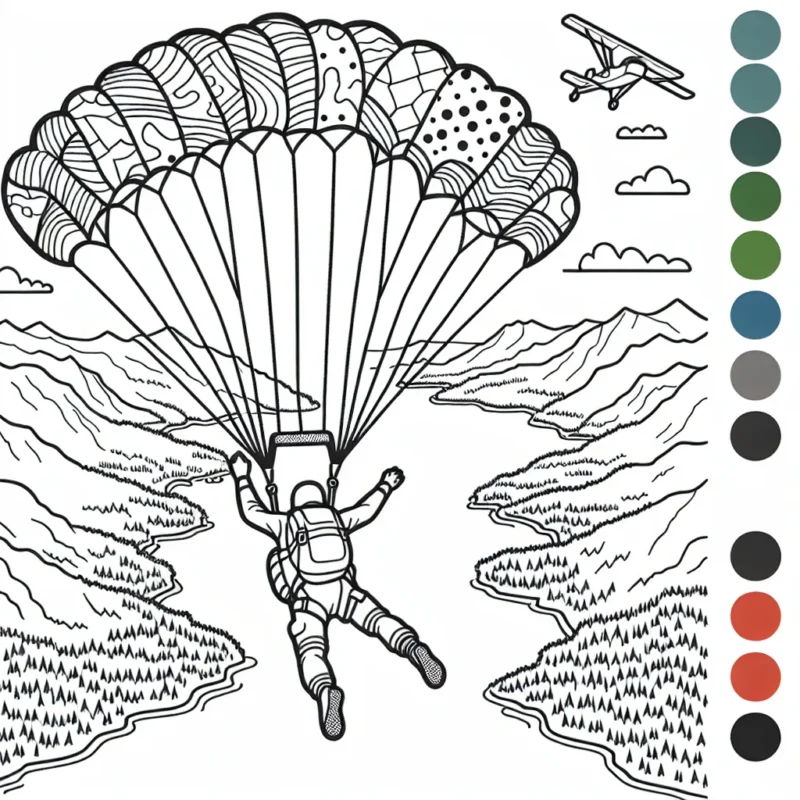 Dessine un athlète en pleine action d'un sport extrême, le saut en parachute, descendre du ciel avec son parachute coloré. À l'arrière-plan, on voit la terre vue du ciel, des montagnes, des lacs et des forêts à colorier.