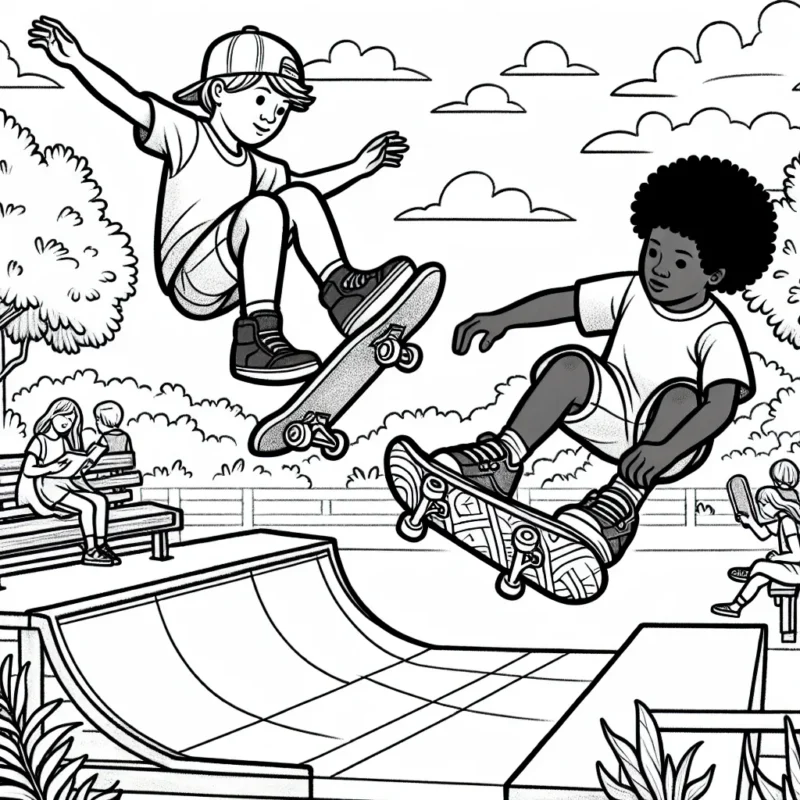 Dessine et colore une scène de skateboard extrême dans laquelle un garçon et une fille exécutent des figures acrobatiques au sommet d'une rampe de skate dans un parc