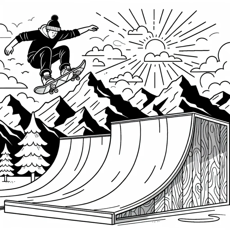 Un skateur exécutant un trick impressionnant au-dessus d'une haute rampe de skatepark, avec des montagnes enneigées en arrière-plan pour les amateurs de snowboard extrême. Le soleil brille dans le ciel, créant des ombres dynamiques.