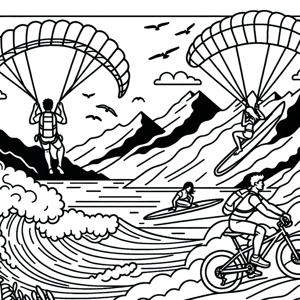 Écris une scène hyper détaillée où un sportif fait du parapente au-dessus des montagnes, un autre du surf sur de grosses vagues et un troisième du vélo de montagne sur un sentier escarpé.