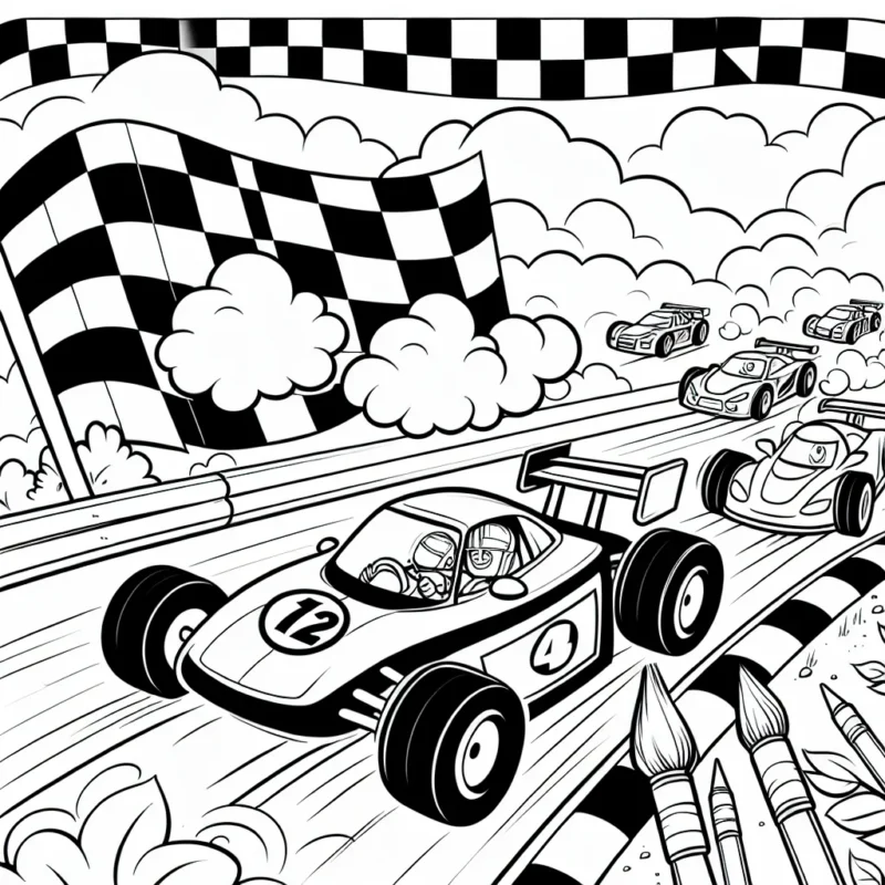 Dessine une scène animée de voitures de course zoomant sur une piste de course, avec des drapeaux à carreaux, des nuages de poussière et des spectateurs encourageant.