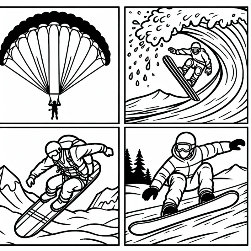 Imagine et dessine un parachutiste en pleine descente, un surfeur sur une grande vague, un skateur faisant une figure impressionnante et un snowboardeur filant sur une pente enneigée.