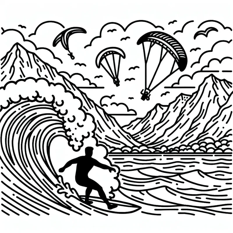 Dessine un surfeur glissant sur une vague géante avec, en arrière-plan, des montagnes escarpées pour le parapente et un ciel plein de cerfs-volants radicaux.