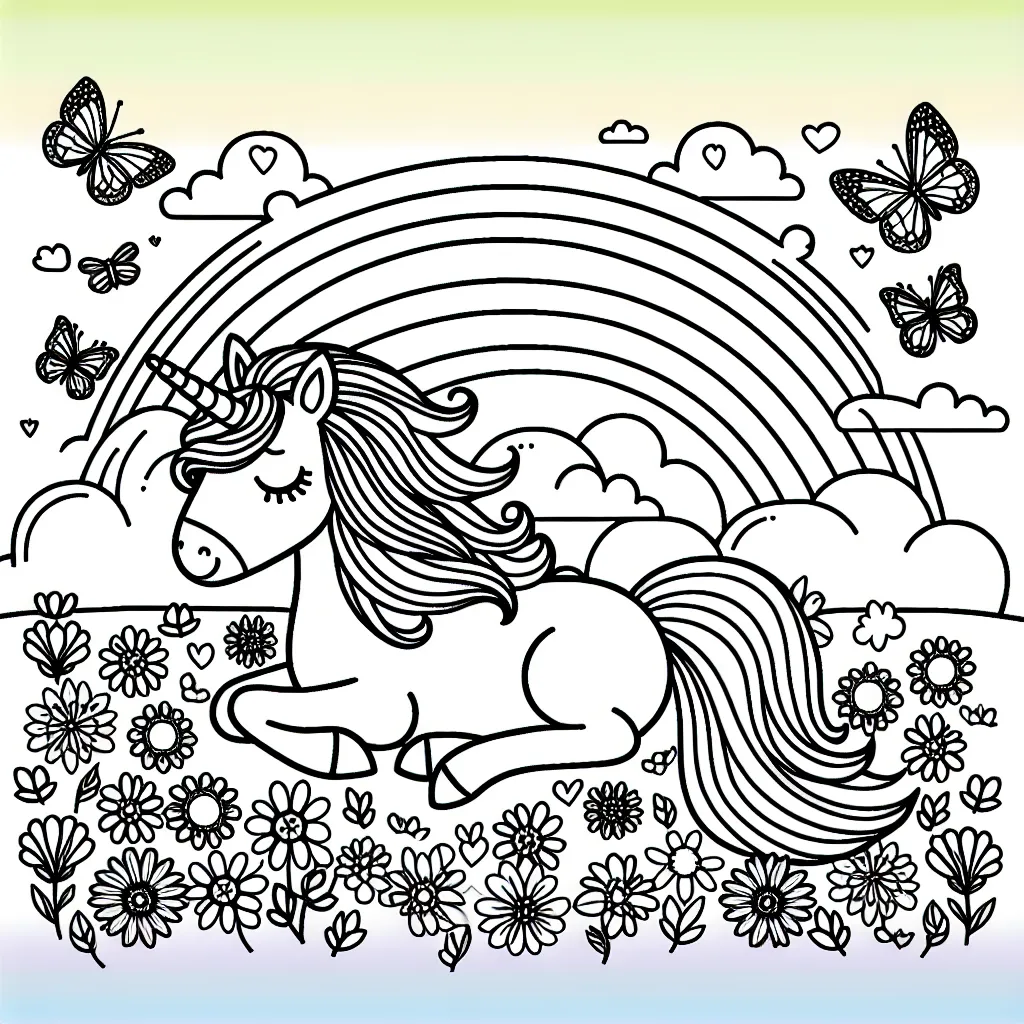 Imagine une adorable licorne avec une longue crinière arc-en-ciel se reposant paisiblement dans un champ de fleurs colorées et de papillons chatoyants. N'oublie pas de colorier le ciel avec des nuances douces de coucher de soleil.