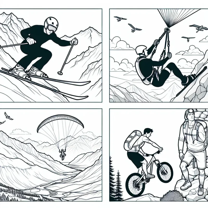 Imagine et dessine un paysage montagneux avec des sportifs extrêmes pratiquant diverses activités. Il y a un skieur freeride descendant à toute vitesse, un parapentiste volant au-dessus des sommets, un grimpeur escaladant une paroi rocheuse, et un vététiste sur un sentier sinueux.