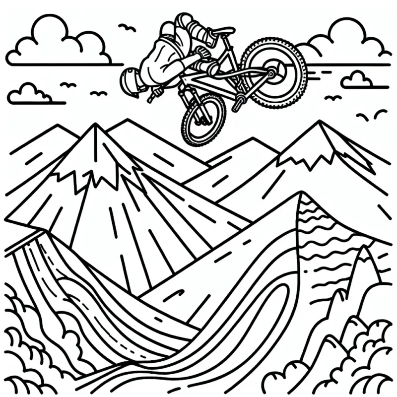 Nous allons faire un tour dans le monde passionnant des sports extrêmes ! Utilise tes crayons pour colorier cette image excitante d'un athlète performant un saut périlleux en VTT sur un half-pipe montagneux.