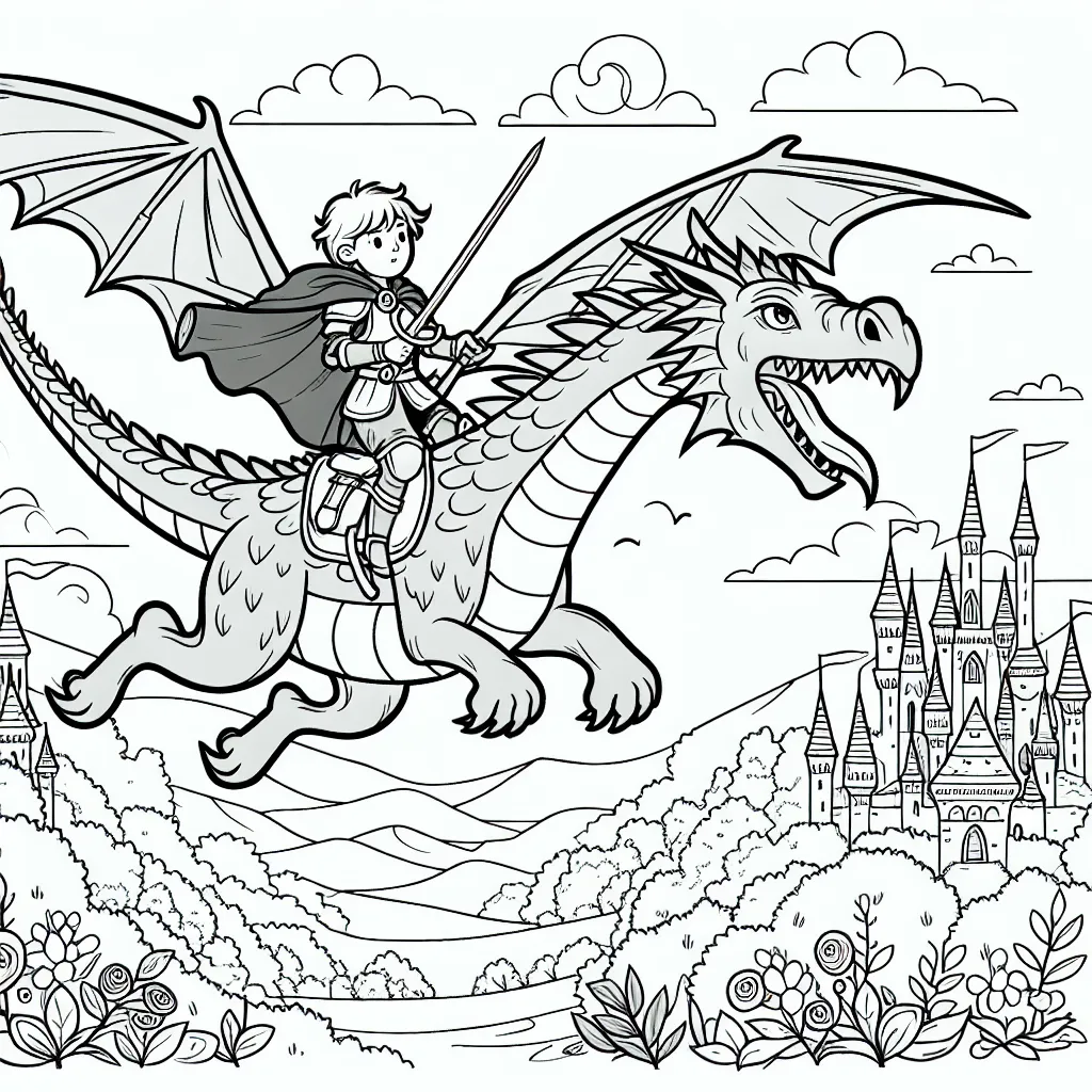 Un jeune chevalier courageux sur un dragon volant au-dessus d'un royaume magique