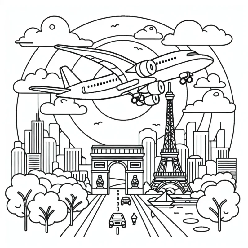 Imagine un célèbre avion de ligne survolant la ville de Paris avec la Tour Eiffel et l'Arc de Triomphe en arrière-plan.