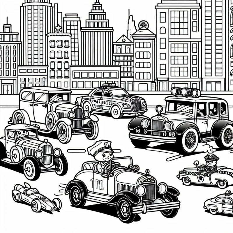 Dessine une scène animée avec des voitures de course rapides, des voitures vintage élégantes et des voitures de police dans une ville animée. N'oublie pas de mettre en évidence les détails uniques de chaque voiture.