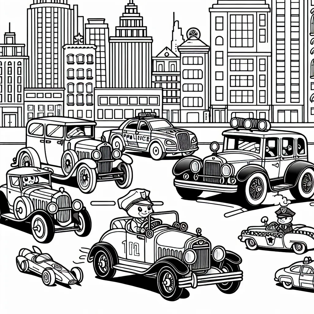 Dessine une scène animée avec des voitures de course rapides, des voitures vintage élégantes et des voitures de police dans une ville animée. N'oublie pas de mettre en évidence les détails uniques de chaque voiture.