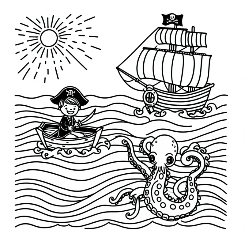 Un petit garçon navigue sur un navire pirate à travers les océans, animé par la quête du plus grand trésor des mers tandis qu'un kraken s'éveille des profondeurs.