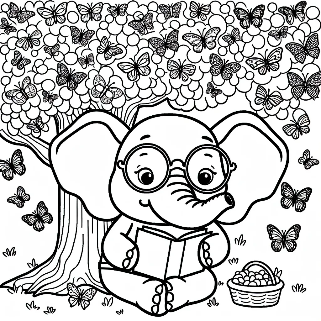 Un éléphant philosophe avec des lunettes, assis sous un arbre fruitier, entouré d'une multitude de papillons colorés.