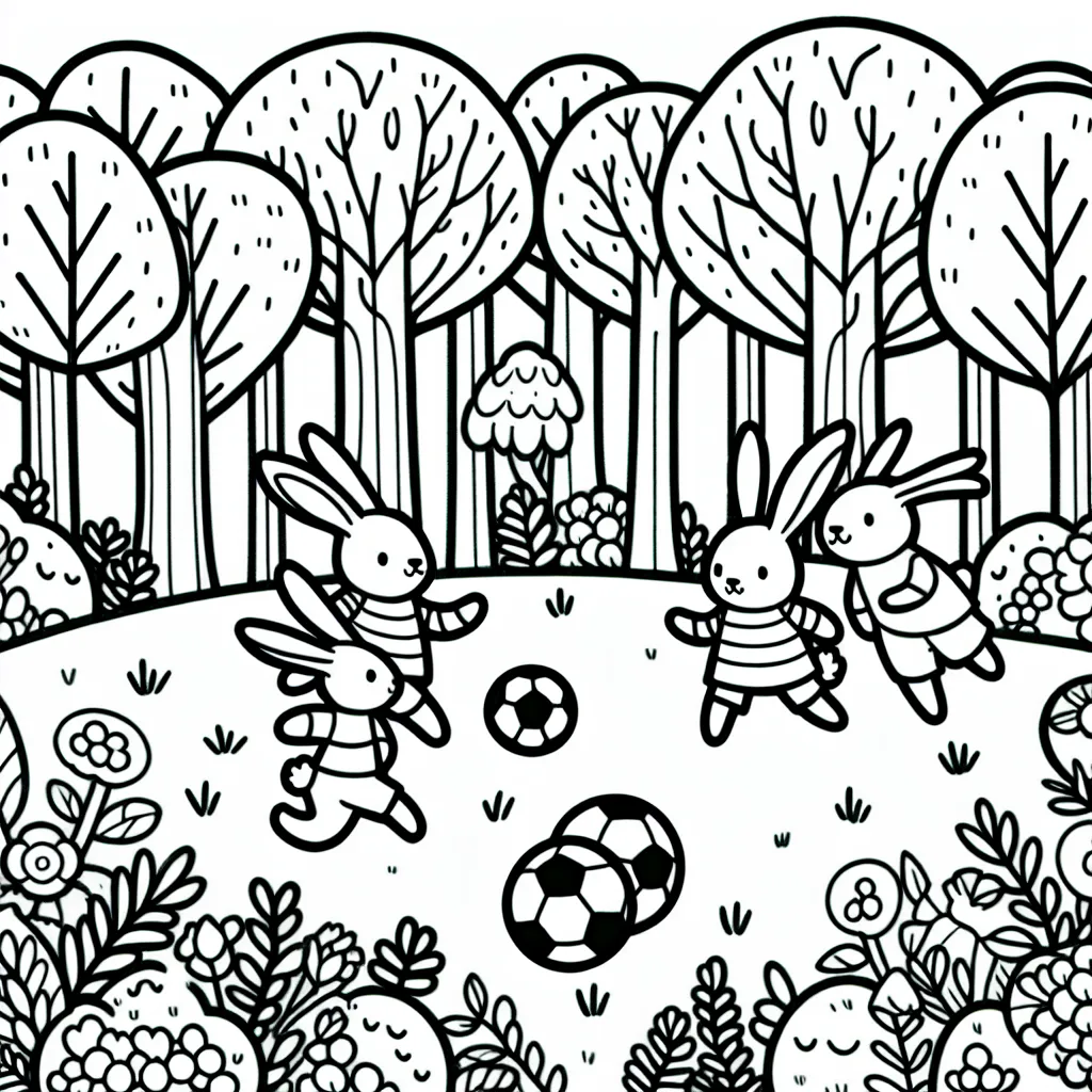 Un groupe de lapins jouant au football dans une forêt enchantée