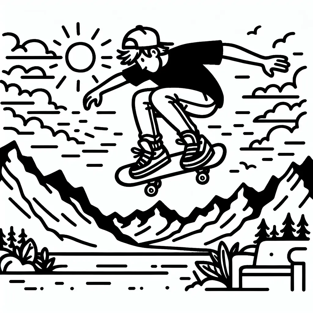 Dessine un skateur professionnel en train de réaliser une figure impressionnante sur une rampe géante, avec des montagnes et un coucher de soleil en arrière-plan.