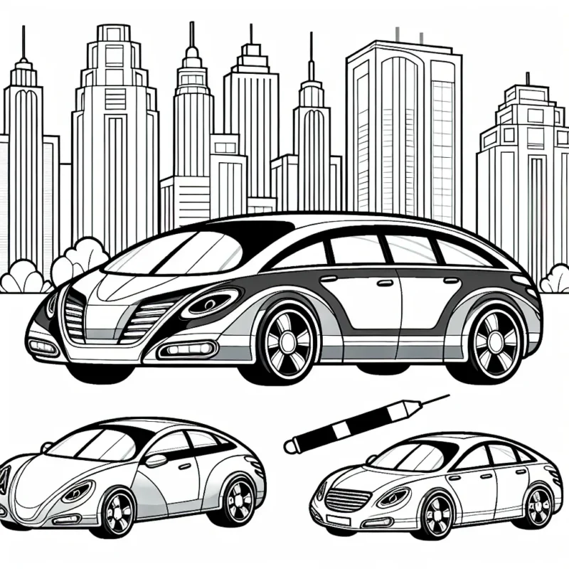 Dessine une série de voitures élégantes et arrondies, chacune portant le logo d'une marque de voiture différente au-dessus. Le paysage sera urbain avec des gratte-ciels en arrière-plan.