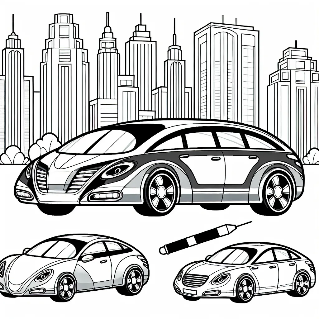 Dessine une série de voitures élégantes et arrondies, chacune portant le logo d'une marque de voiture différente au-dessus. Le paysage sera urbain avec des gratte-ciels en arrière-plan.