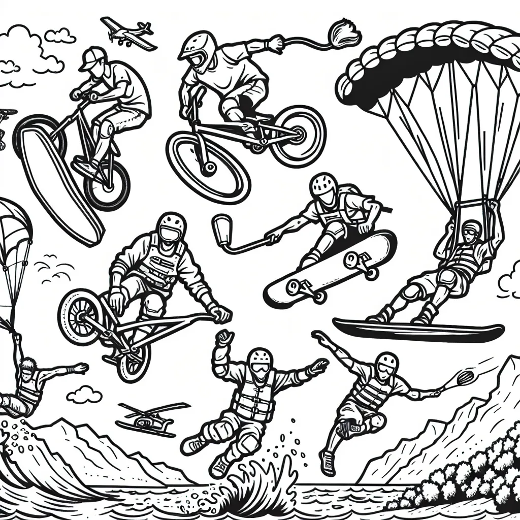 Dessine des athlètes effectuant des sports extrêmes comme le BMX, le surf, le skateboard, le parkour, le parachutisme et le rafting dans des paysages animés.