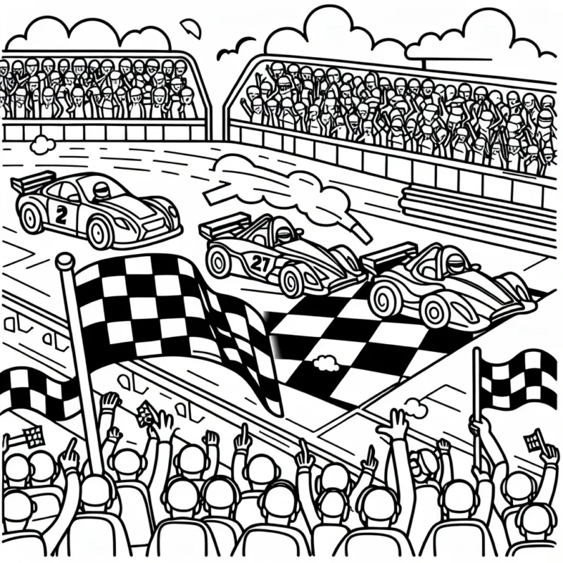 Dessine une scène de course avec plusieurs voitures de différentes formes et tailles, et ajoute des détails comme des drapeaux à damiers, des tribunes pleines de spectateurs et peut-être même un pit-stop!