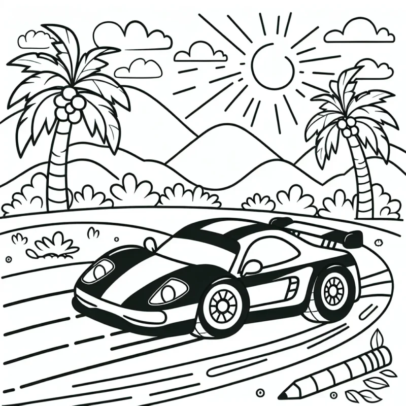 Dessine une voiture de course filant à toute vitesse sur une piste remplie de palmiers ensoleillés et de montagnes en arrière-plan.