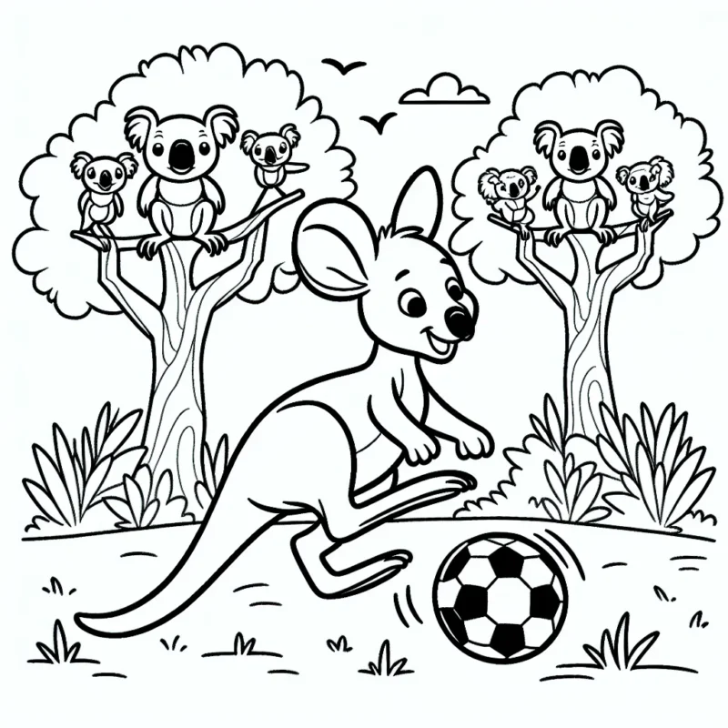 Un kangourou joyeux dribble un ballon de football dans la savane australienne, avec des koalas en spectateurs sur les branches des arbres