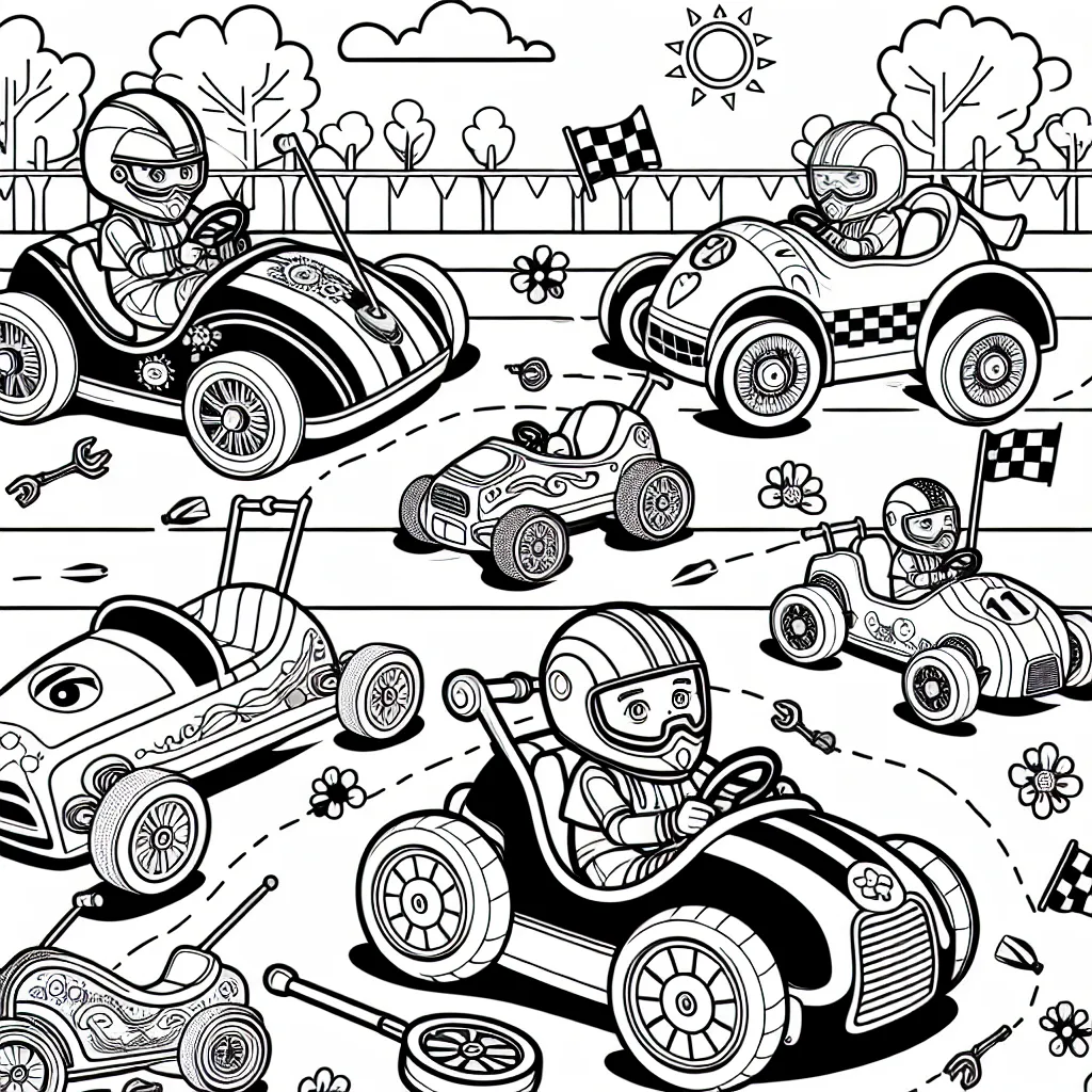 Imagine une grande course de voitures pour laquelle tous les enfants du monde apportent leur voiture à pédales. Chaque voiture est unique ! Dessine et colorie ces voitures étonnantes dans une course animée autour du monde.