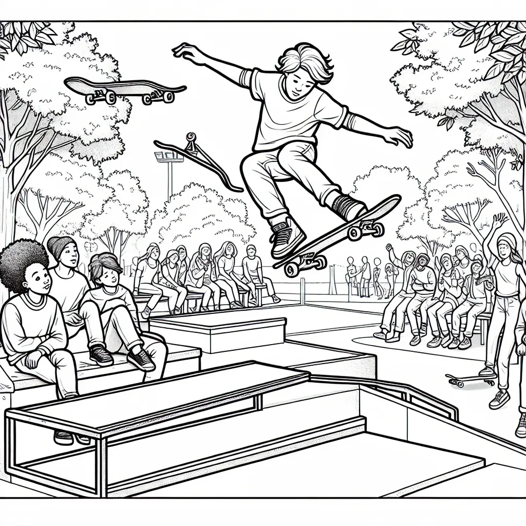 Imagine et crée un dessin sur le thème des sports extrêmes. Deux sportifs sont en train de faire du skateboard dans un grand parc urbain. L'un fait une acrobatie sur une rampe et l'autre glisse sur un rail. Il y a des arbres, des bancs et des gens qui les regardent en arrière-plan.