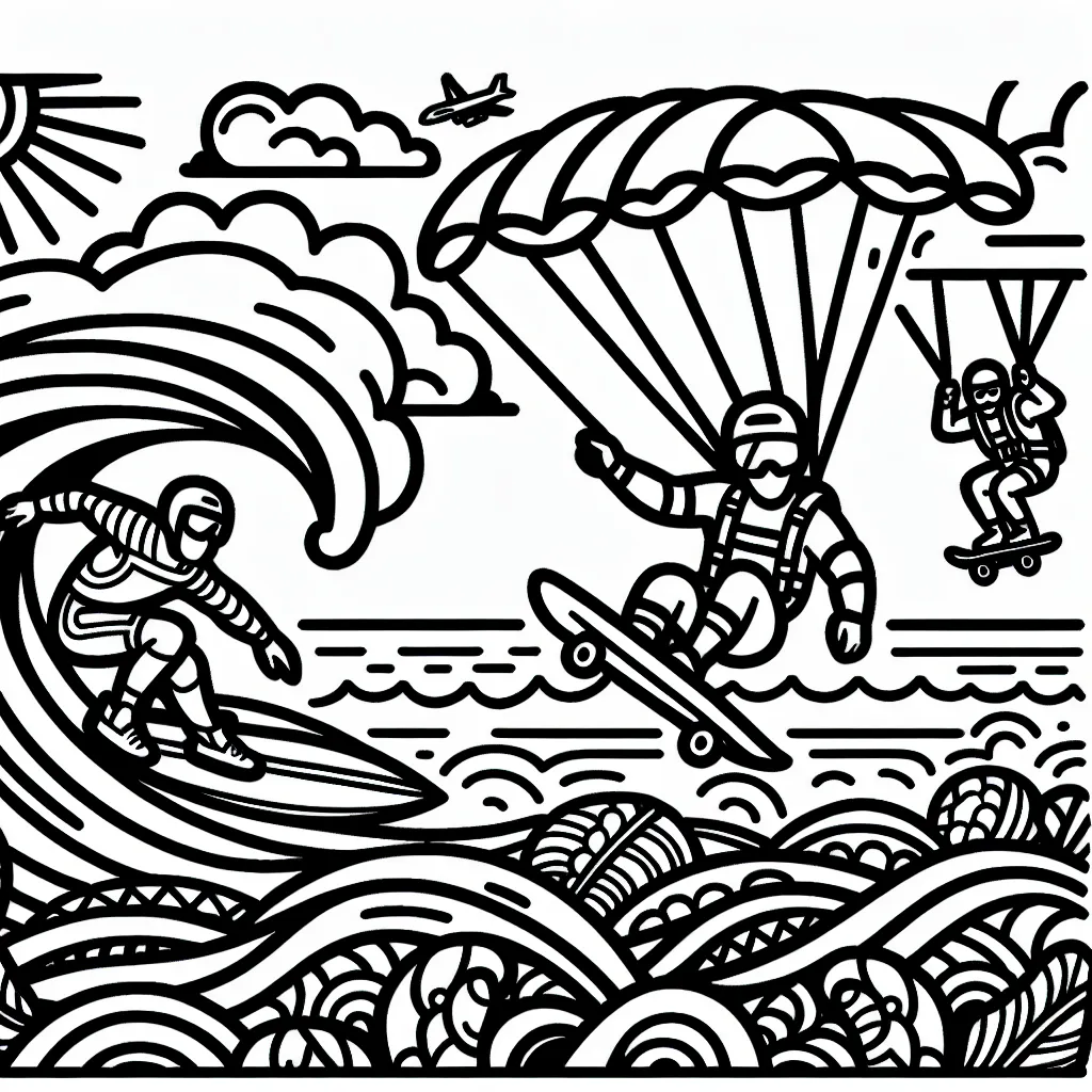 Dessine un surfeur haut dans les vagues, un skateur effectuant une figure périlleuse et un parachutiste se préparant à atterrir. N'oublie pas de donner vie à la scène avec des couleurs vives et des détails intéressants!