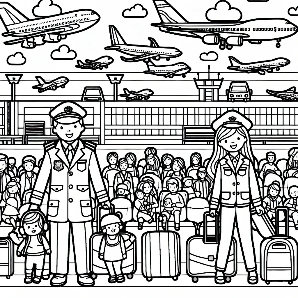 Un aéroport animé avec ses nombreux avions, pilotes et passagers tous prêts pour leur prochain voyage.